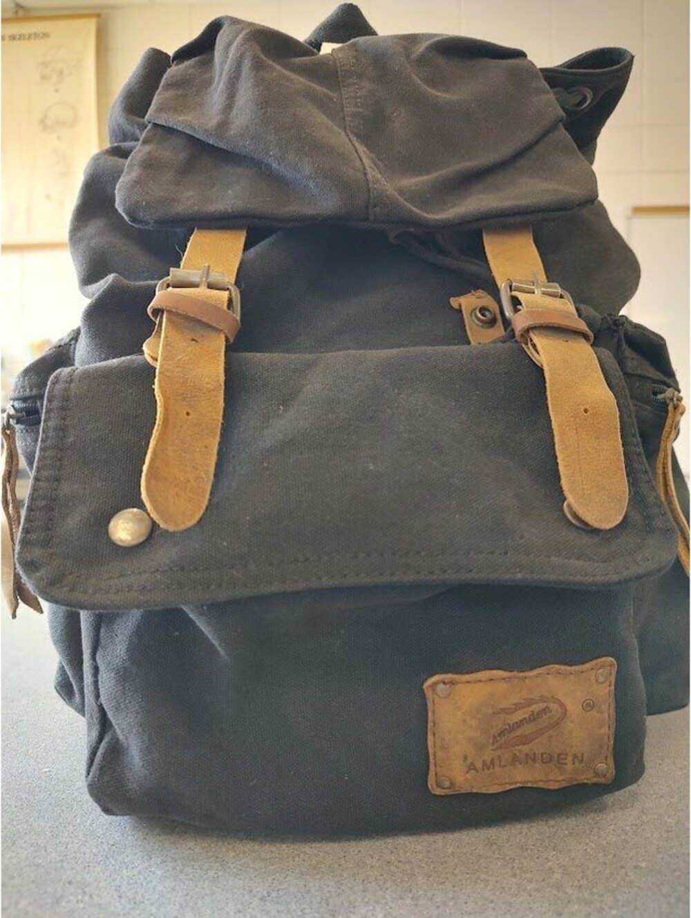 Amlanden Black Canvas Backpack with Leather Straps #rugged#Gorpcore#military